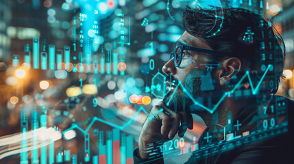 businessman thinking with a city and transportation infrastructure with digital overlay of statistical data charts depicting his economic and business growth.