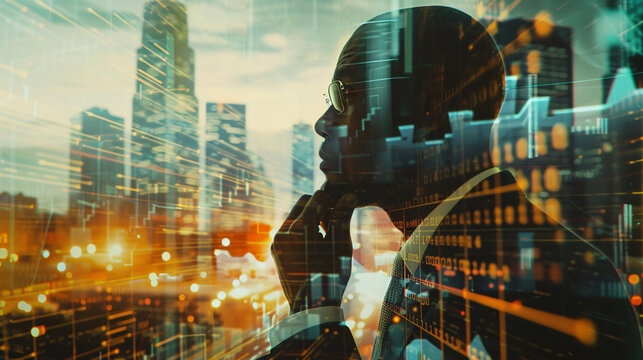 businessman thinking with a city and transportation infrastructure with digital overlay of statistical data charts depicting his economic and business growth.