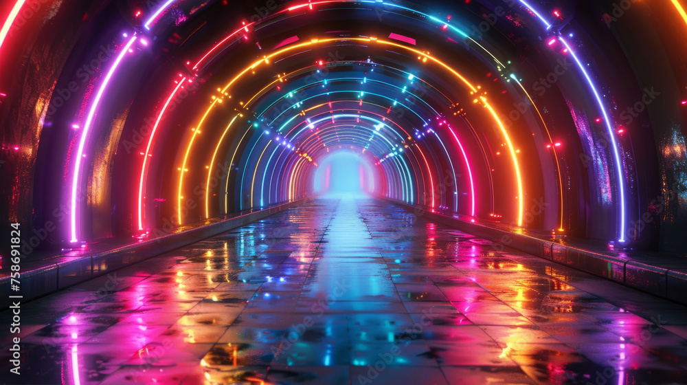 Poster vibrant and colorful futuristic tunnel illuminated with neon lights reflecting on a glossy floor, le