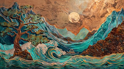 Copper acrylic pour art depicting ocean waves, mountains, trees, boats, and a blend of copper, gold, turquoise, and crimson hues. This mixed media piece features embossed landscape artwork showcasing 