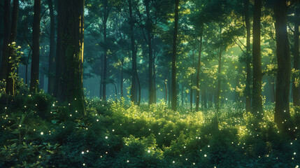 Enchanted forest scene with glowing fireflies illuminating the woods at twilight, showcasing ethereal beauty and magic of nature. - obrazy, fototapety, plakaty