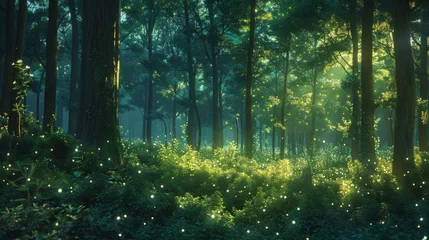 Crédence de cuisine en verre imprimé Forêt des fées Enchanted forest scene with glowing fireflies illuminating the woods at twilight, showcasing ethereal beauty and magic of nature.
