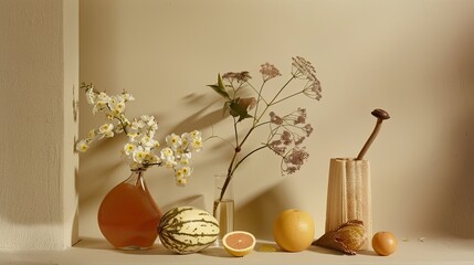 Wall representations of Citrus, Honey, Melon and Chocolate minimal style, playful still life compositions, light beige shades, floral still lifes, aesthetics of austere simplicity.