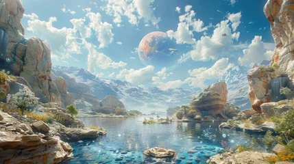 Foto op Aluminium A digital artwork of a serene alien landscape with a large planet in the sky, featuring rocky formations surrounding a tranquil lake with lush flora and small creatures flying in the clear blue sky. © ChubbyCat