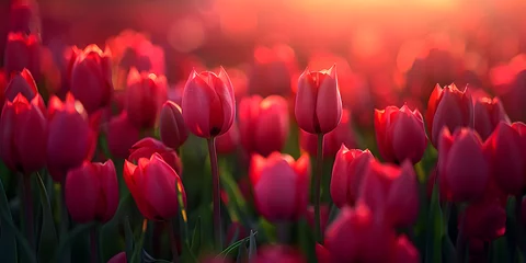 Poster A vibrant field of colorful tulips in full bloom during spring, creating a beautiful and cheerful outdoor landscape. Suitable for nature, gardening, and seasonal themes. © NE97
