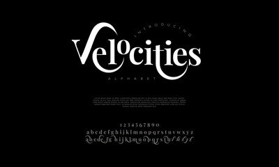 Velocities premium luxury elegant alphabet letters and numbers. Vintage wedding typography classic serif font decorative vintage retro. Creative vector illustration