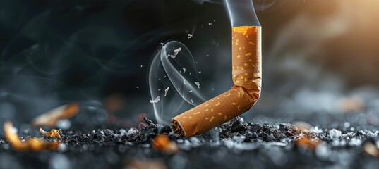 Extinguished cigarette with smoke rising, resting on ash surface, a dramatic take on smoking cessation - AI generated