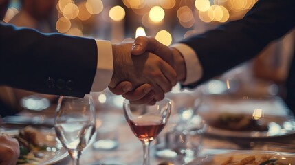 Two business men shake hands after making a business deal at a fancy restaurant for dinner