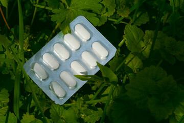 White pills in plastic blister on green grass on meadow