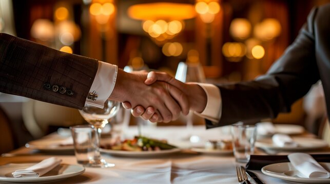 Two business men shake hands after making a business deal at a fancy restaurant for dinner