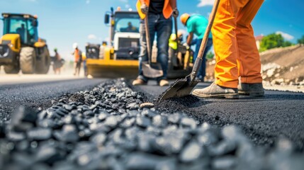 Road construction crew paving fresh asphalt with heavy machinery under bright sunny conditions - AI generated - obrazy, fototapety, plakaty