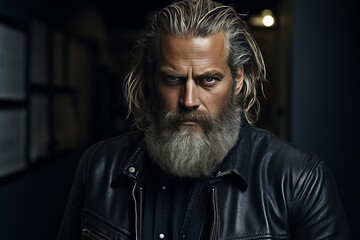 Portrait of a handsome mature man with long gray beard and mustache wearing a leather jacket. Men's beauty, fashion. - obrazy, fototapety, plakaty