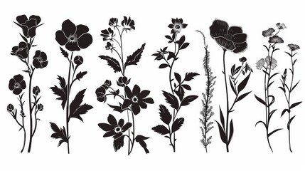 Black and White Silhouettes of Flowers on a White Background