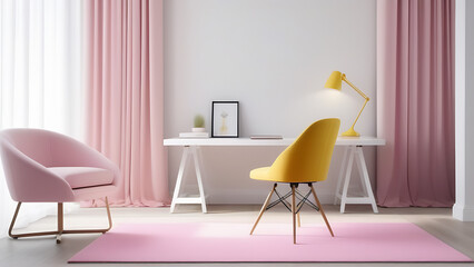 Stylish room interior with modern comfortable workplace in pink and yellow colours