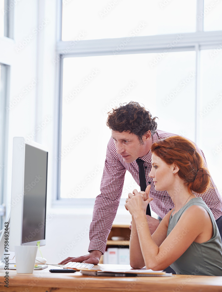 Aufkleber business people, teamwork and support on computer for training, advice or feedback on copywriting or