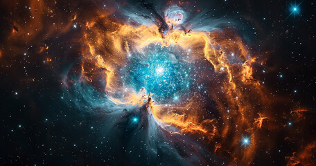 A mesmerizing supernova explosion in space, radiating vibrant hues of orange and blue amidst a star-studded backdrop.