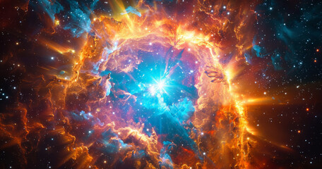 A vibrant supernova explosion in the cosmos, casting a myriad of colors amidst a star-studded backdrop.