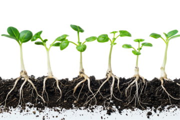 Small plant growing in soil, surrounded by leaves, depicts nature's growth cycle in agriculture and gardening