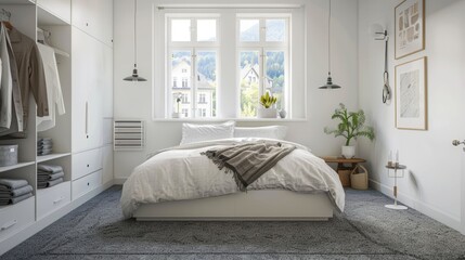 Cozy Bedroom with Bed, Pillows, and Lamp