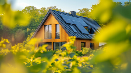 Fototapeta na wymiar A modern eco-friendly house with solar panels on the roof surrounded by greenery in sunlight. Ai generative illustration