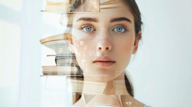 A serene double exposure image blending a woman's contemplative gaze with a stack of hardcover books, symbolizing the fusion of knowledge and human curiosity.