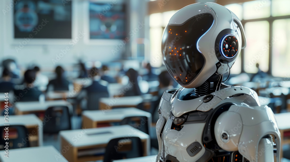 Poster futuristic robot with a humanoid head and torso, stands at the front of a classroom filled with stud
