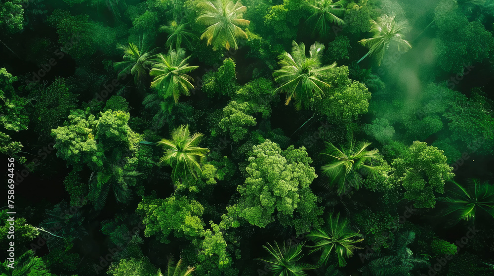 Poster aerial view of a dense tropical rainforest, showcasing a lush canopy of green trees with different s