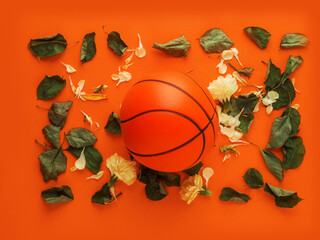 Classic basketball on orange color surface with green rose leaf and petals, love sport concept. Flat lay.