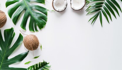 Minimalistic tropical concept with green palm leaves and coconut on a white background, depicting natural organic beauty and simplicity - AI generated