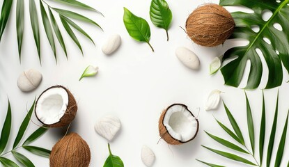 Fototapeta na wymiar Minimalistic tropical concept with green palm leaves and coconut on a white background, depicting natural organic beauty and simplicity - AI generated