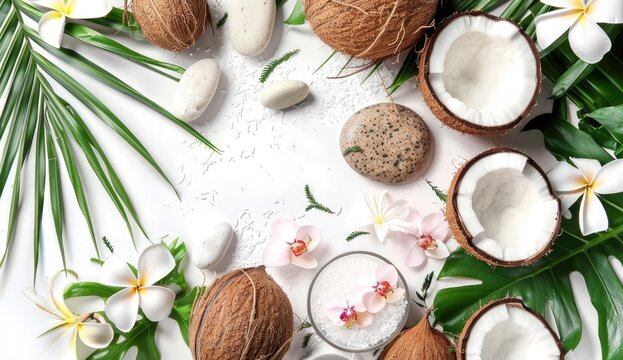 Minimalistic tropical concept with green palm leaves and coconut on a white background, depicting natural organic beauty and simplicity - AI generated