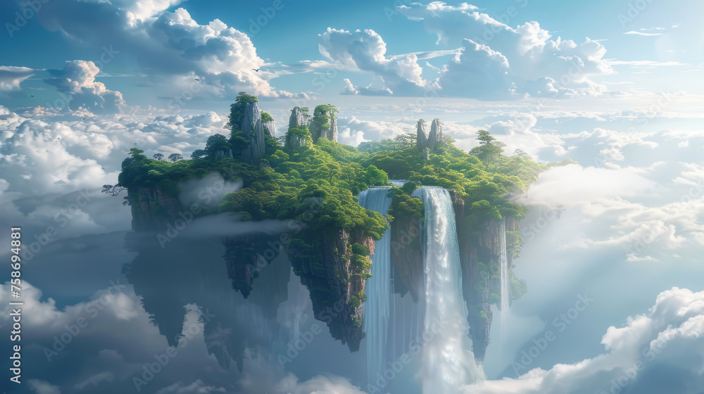 Poster surreal landscape featuring a floating island with lush greenery and a waterfall cascading down into