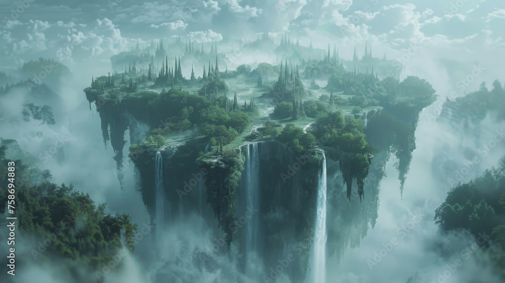 Poster a mystical floating island with lush greenery and cascading waterfalls surrounded by a blanket of cl