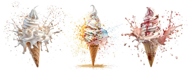Set of delicious ice cream explosion, isolated on transparent background.