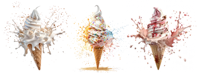 Set of delicious ice cream explosion, isolated on transparent background.
