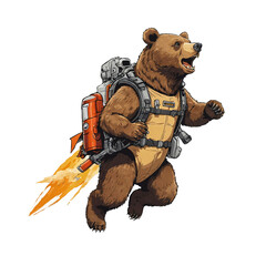 comic character bear with a rocket jetpack