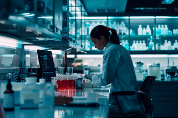 Lab worker engaged in operating sophisticated equipment in a clean and controlled laboratory