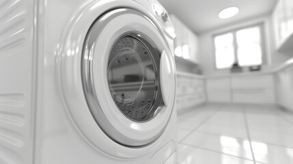 a close-up image of a white washing machine. standing alone in a white room, white background.