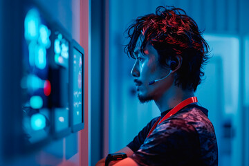 A concentrated person is monitoring critical data on a control panel with illuminated buttons in a dimly lit control room environment