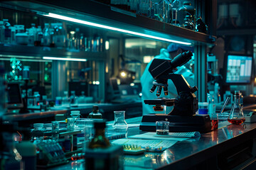 An advanced microscope is carefully placed on a desk amidst various laboratory items in a research facility during nighttime