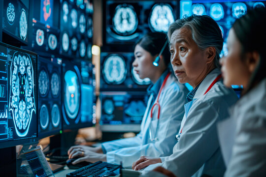 Three healthcare professionals are assessing brain imaging scans displayed across multiple monitors in a darkened room
