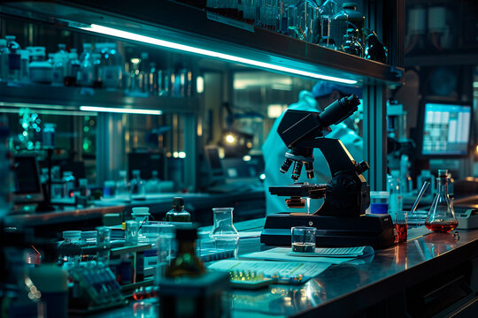 An advanced microscope is carefully placed on a desk amidst various laboratory items in a research facility during nighttime