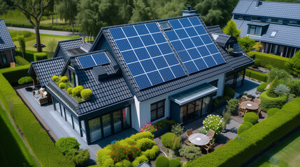 A modern eco-friendly house with solar panels on the roof surrounded by green landscaping. Ai generative illustration