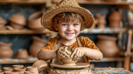 A happy child is engaging in the hobby of pottery, shaping a clay object on a ceramic wheel. Generative AI - 758695259