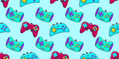 Vector gamer seamless pattern. Gamepad controller on blue background. Gaming joysticks icons in doodle style. Wallpaper, print, textile, fabric, wrapping. Computer game banner.