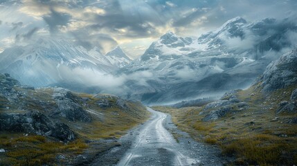 A solitary road winds its way through surreal mountain landscapes.