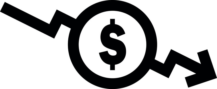 dollar decrease icon. Money symbol with arrow stretching rising drop fall down. Business cost reduction icon. vector illustration.