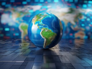 A glossy globe on a digital background symbolizing global connections.