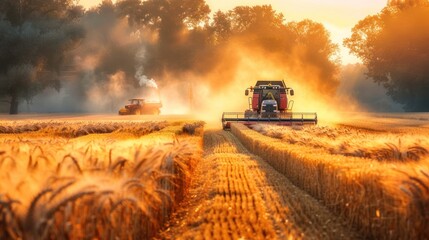 Amidst golden fields of wheat, a combine harvester work tirelessly.
