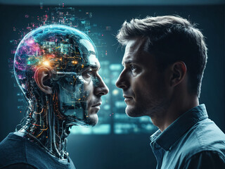 Artificial Intelligence AI concept as man and cyborg with electronic circuits head looking at each other, generative AI.